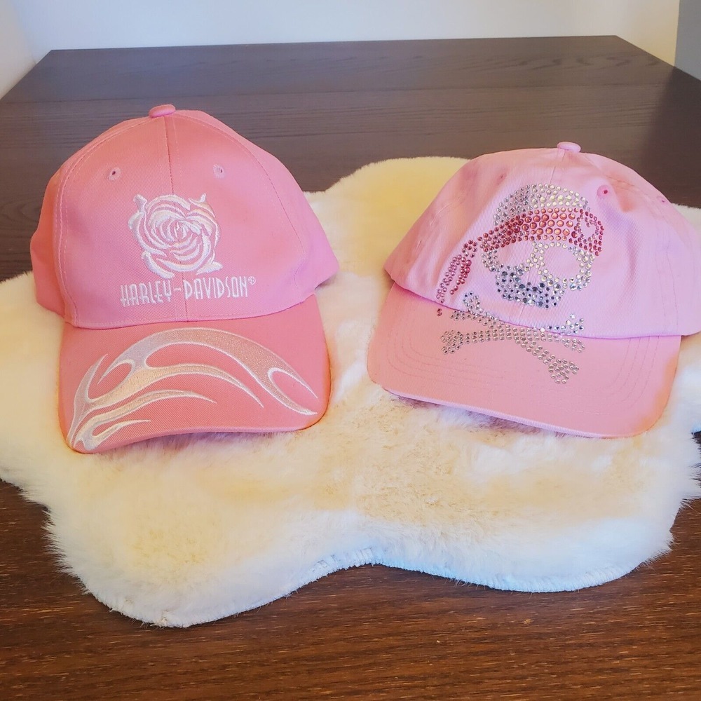Lot Of 2 Caps Harley Davidson Hot Pink Flame Cap, Rhinestone Skull Cap Both NWOT